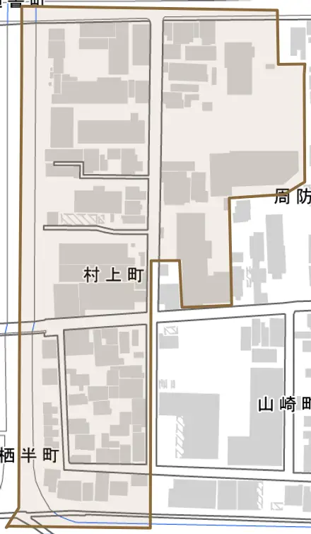 村上町とその周辺の地図。町の範囲を重ねている