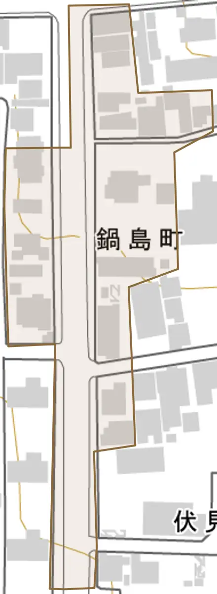 鍋島町とその周辺の地図。町の範囲を重ねている