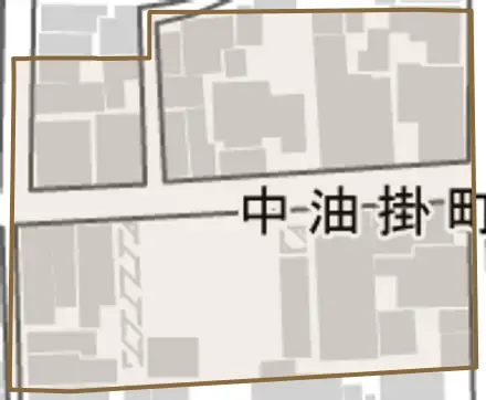 中油掛町とその周辺の地図。町の範囲を重ねている