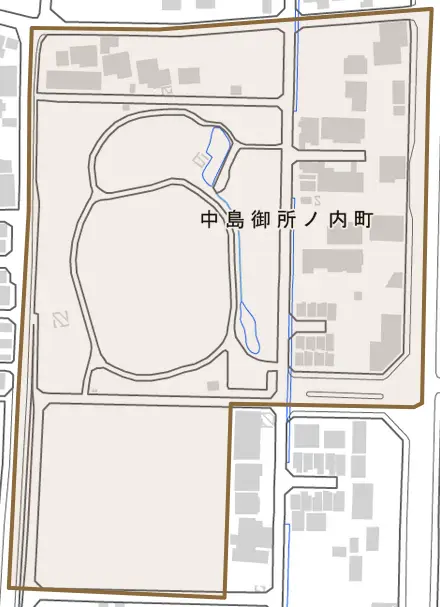 中島御所ノ内町とその周辺の地図。町の範囲を重ねている