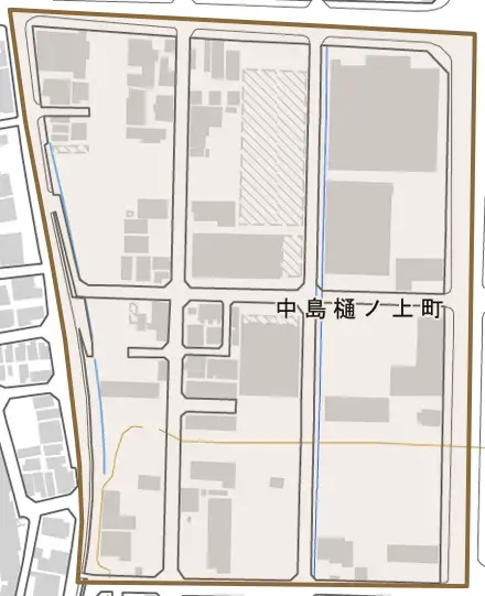 中島樋ノ上町とその周辺の地図。町の範囲を重ねている