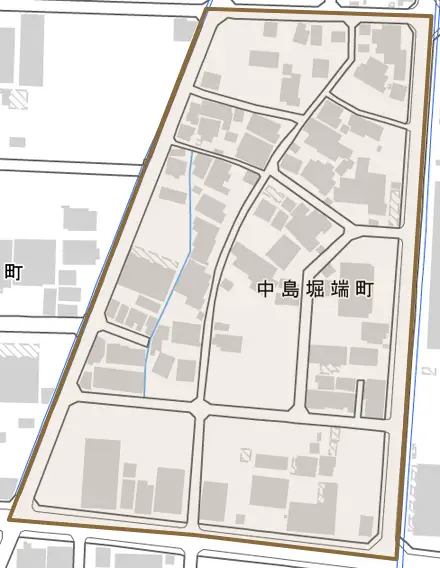 中島堀端町とその周辺の地図。町の範囲を重ねている