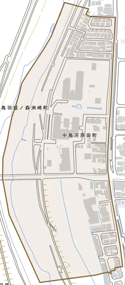 中島河原田町とその周辺の地図。町の範囲を重ねている