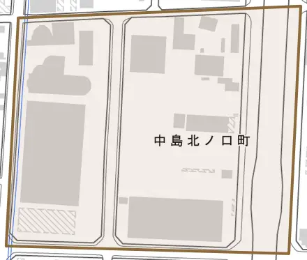中島北ノ口町とその周辺の地図。町の範囲を重ねている