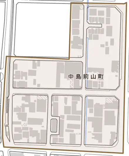 中島前山町とその周辺の地図。町の範囲を重ねている
