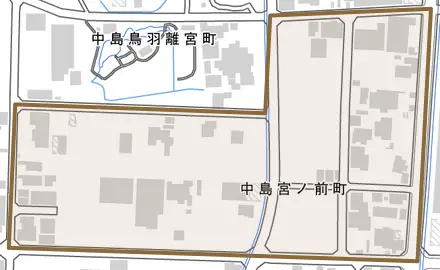 中島宮ノ前町とその周辺の地図。町の範囲を重ねている