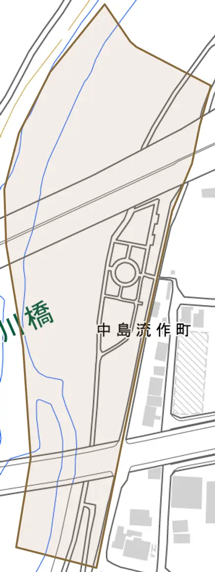 中島流作町とその周辺の地図。町の範囲を重ねている