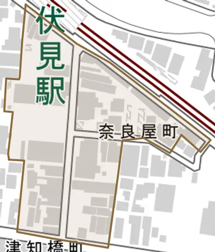 奈良屋町とその周辺の地図。町の範囲を重ねている