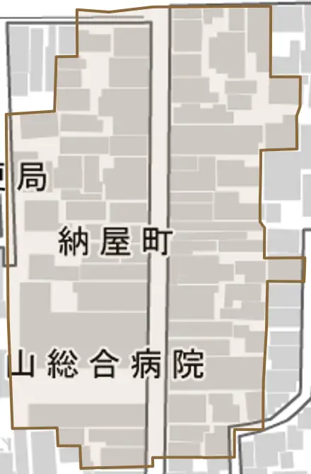 納屋町とその周辺の地図。町の範囲を重ねている
