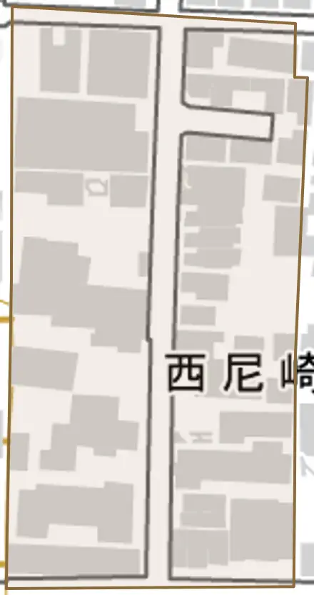 西尼崎町とその周辺の地図。町の範囲を重ねている
