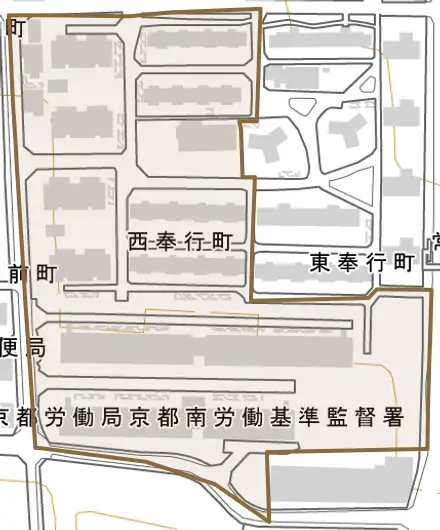 西奉行町とその周辺の地図。町の範囲を重ねている