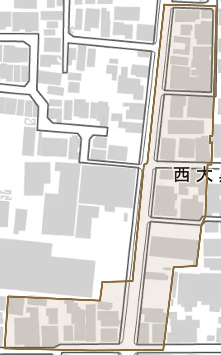 西大黒町とその周辺の地図。町の範囲を重ねている