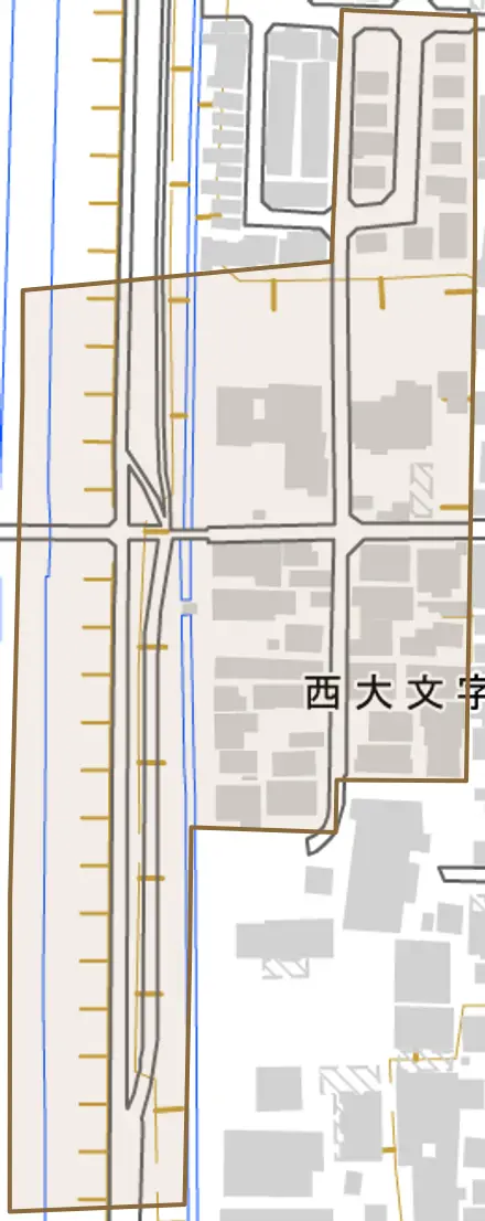 西大文字町とその周辺の地図。町の範囲を重ねている