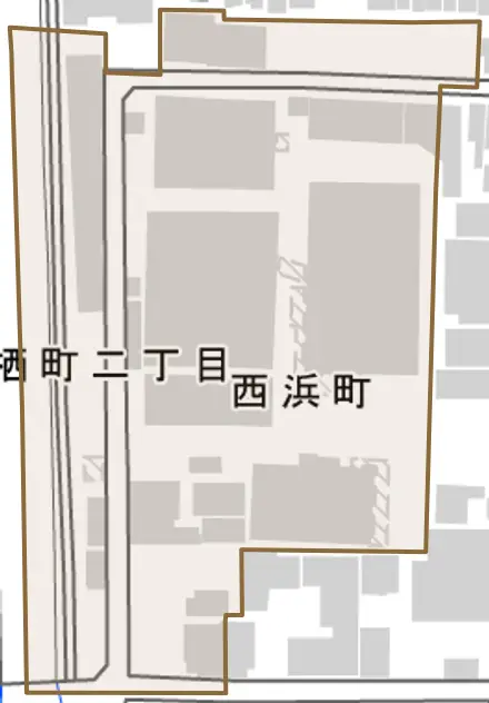 西浜町とその周辺の地図。町の範囲を重ねている