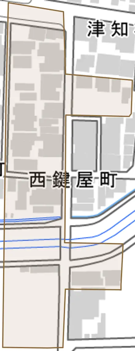 西鍵屋町とその周辺の地図。町の範囲を重ねている