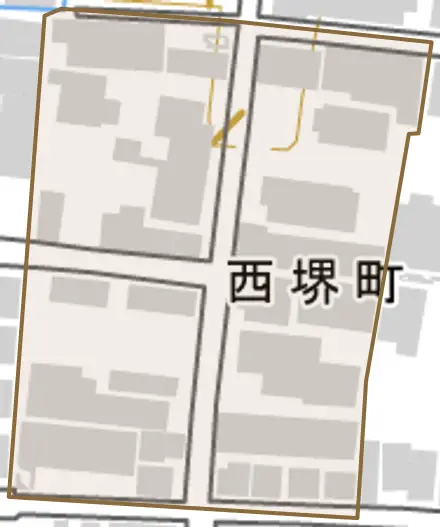 西堺町とその周辺の地図。町の範囲を重ねている