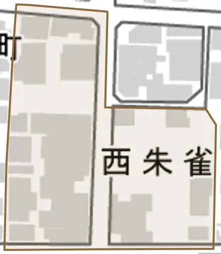 西朱雀町とその周辺の地図。町の範囲を重ねている
