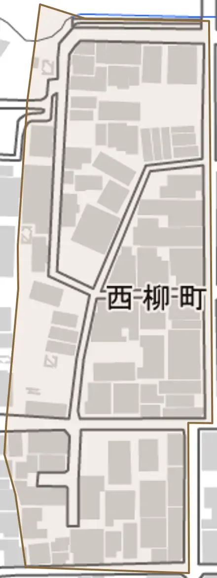 西柳町とその周辺の地図。町の範囲を重ねている