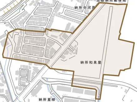 納所和泉屋とその周辺の地図。町の範囲を重ねている