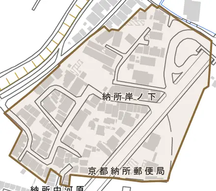納所岸ノ下とその周辺の地図。町の範囲を重ねている