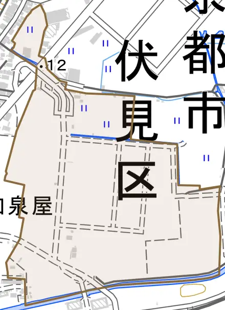 納所大野とその周辺の地図。町の範囲を重ねている
