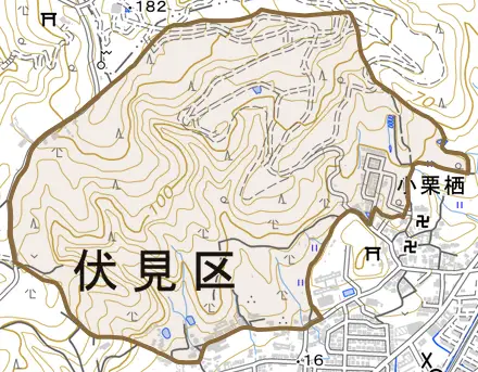 小栗栖石川町とその周辺の地図。町の範囲を重ねている