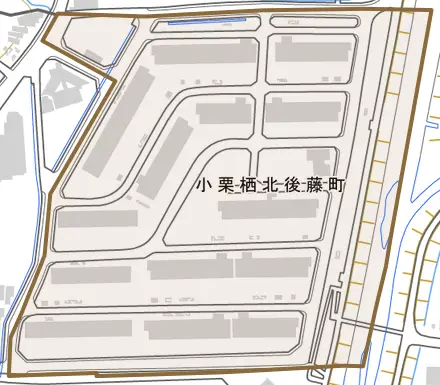 小栗栖北後藤町とその周辺の地図。町の範囲を重ねている