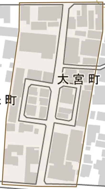 大宮町とその周辺の地図。町の範囲を重ねている