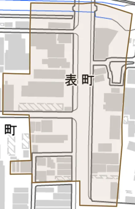 表町とその周辺の地図。町の範囲を重ねている
