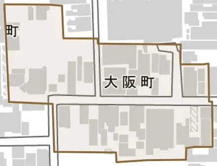 大阪町とその周辺の地図。町の範囲を重ねている