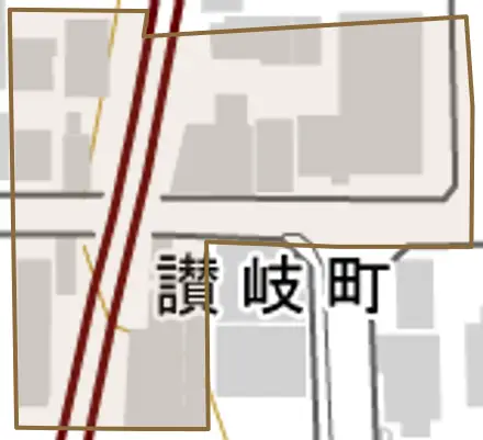 讃岐町とその周辺の地図。町の範囲を重ねている