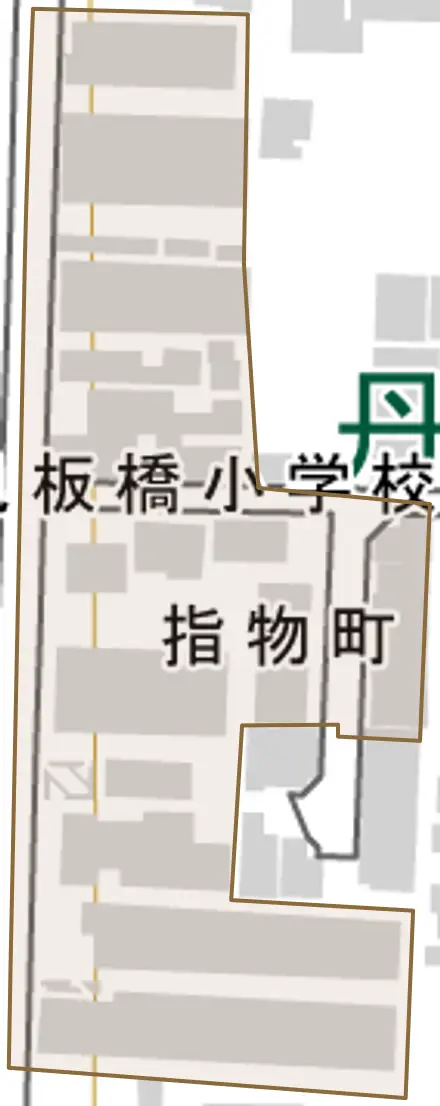 指物町とその周辺の地図。町の範囲を重ねている