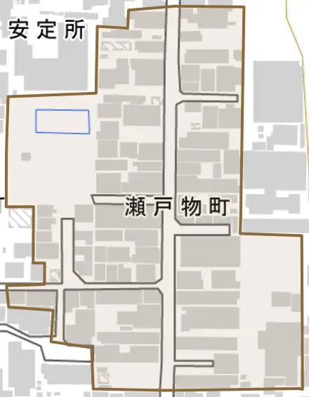 瀬戸物町とその周辺の地図。町の範囲を重ねている
