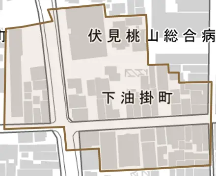 下油掛町とその周辺の地図。町の範囲を重ねている