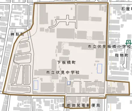 下板橋町とその周辺の地図。町の範囲を重ねている