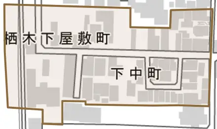 下中町とその周辺の地図。町の範囲を重ねている