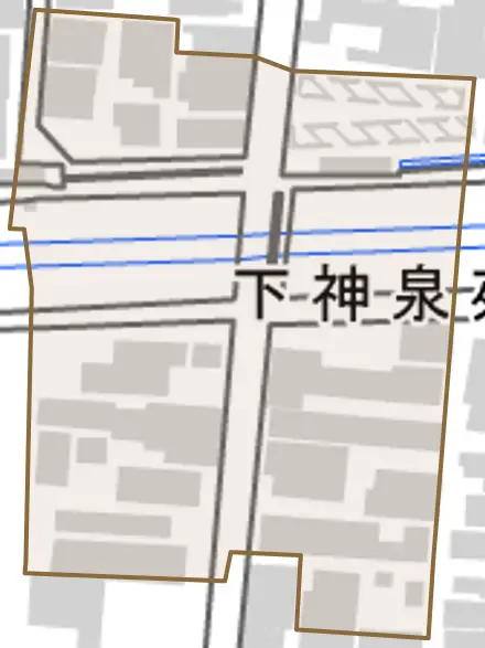 下神泉苑町とその周辺の地図。町の範囲を重ねている