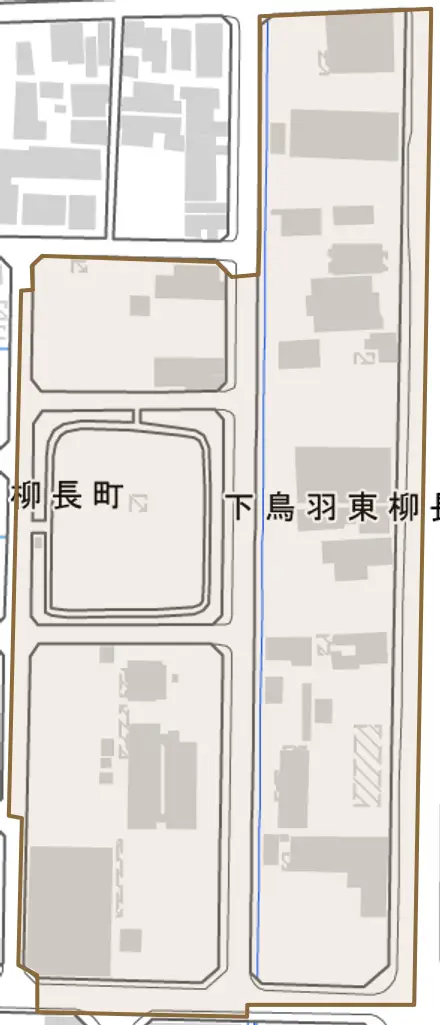 下鳥羽東柳長町とその周辺の地図。町の範囲を重ねている