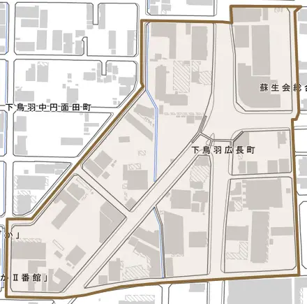 下鳥羽広長町とその周辺の地図。町の範囲を重ねている