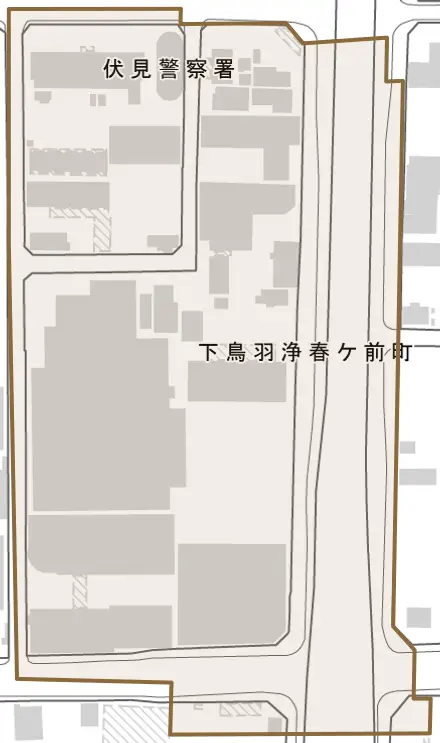 下鳥羽浄春ケ前町とその周辺の地図。町の範囲を重ねている