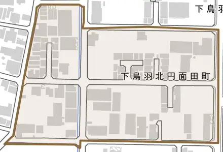 下鳥羽北円面田町とその周辺の地図。町の範囲を重ねている