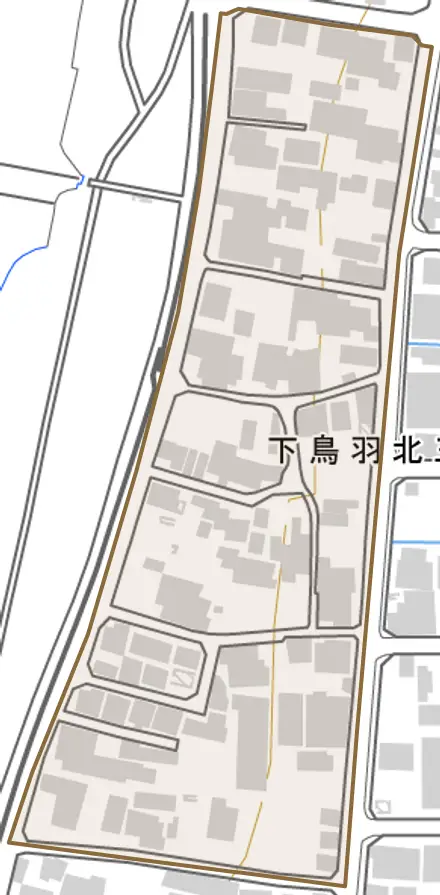 下鳥羽北三町とその周辺の地図。町の範囲を重ねている