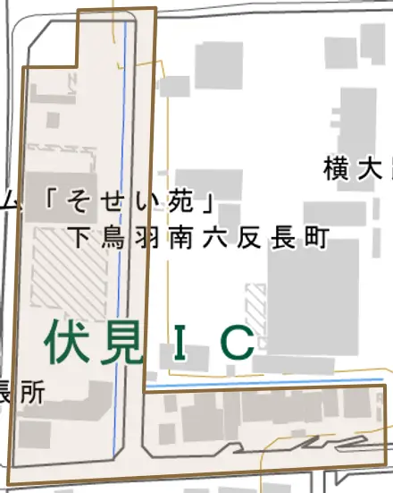 下鳥羽南六反長町とその周辺の地図。町の範囲を重ねている