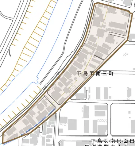 下鳥羽南三町とその周辺の地図。町の範囲を重ねている