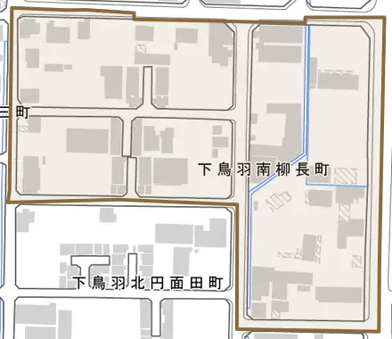 下鳥羽南柳長町とその周辺の地図。町の範囲を重ねている