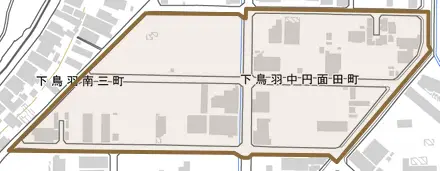 下鳥羽中円面田町とその周辺の地図。町の範囲を重ねている
