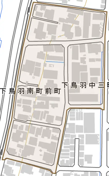 下鳥羽中三町とその周辺の地図。町の範囲を重ねている