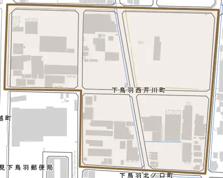 下鳥羽西芹川町とその周辺の地図。町の範囲を重ねている