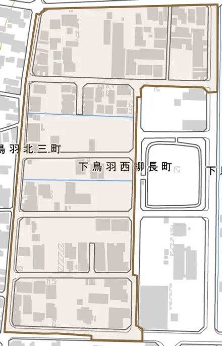 下鳥羽西柳長町とその周辺の地図。町の範囲を重ねている