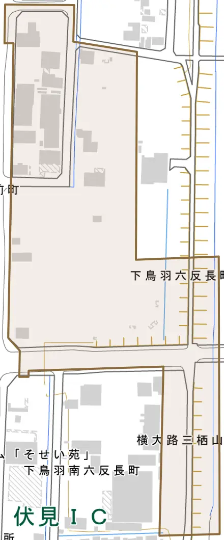 下鳥羽六反長町とその周辺の地図。町の範囲を重ねている